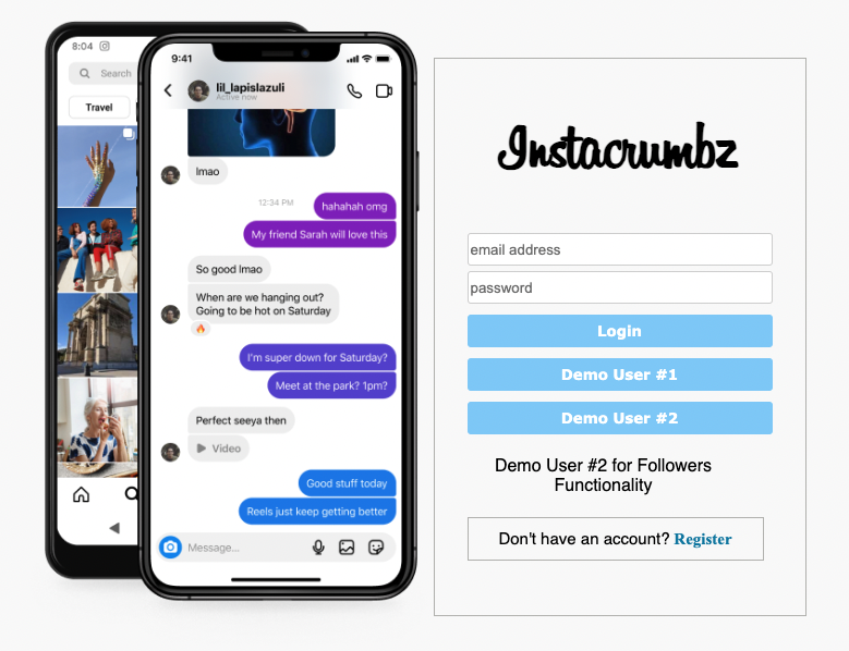 the splash page of Instacrumbz